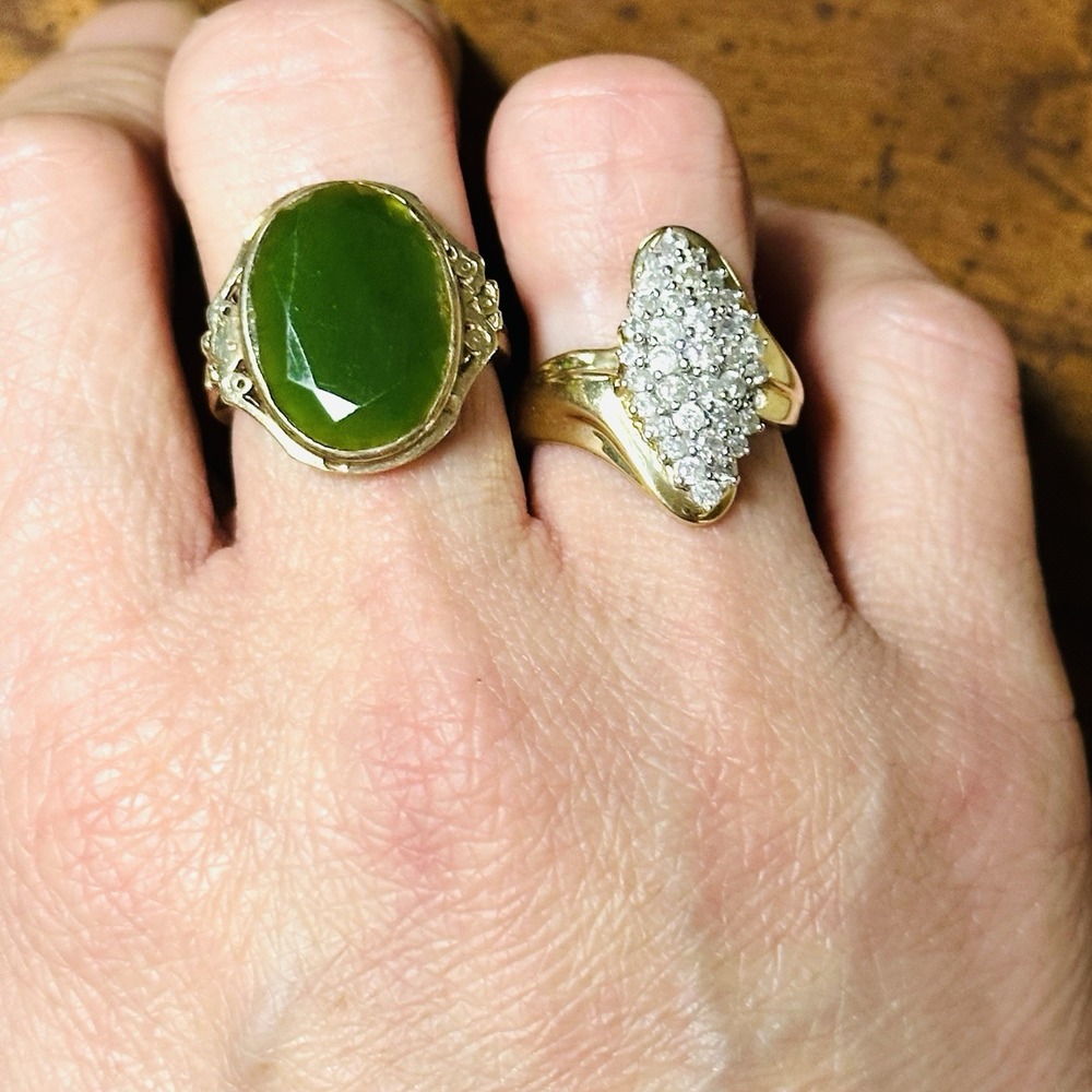 Art Deco 10K Yellow Gold Diamond Cut Natural Jadeite Stone Ring Size 6 Vtg OOAK - Picture 10 of 10